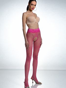 Pančuchové nohavice Amour  Klasické polomatné, hladké nohavičky s otvoreným rozkrokom 30 DEN. Vkusný čipkový pás na línii bokov dodáva eleganciu a zároveň