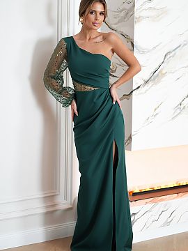 Dlhé šaty Bicotone  Model s krásnymi flitrovými rukávmi na jedno rameno. Asymetrický top, tiež s flitrovou vsadkou. Spodná časť kreácie je hladká, nar