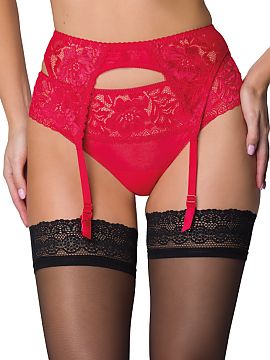 Pas Mat  Sexi pásik na podväzky Hannah. Celý vyrobený z rozkošnej čipky s kvetinovým vzorom, zadok zdobia jemné mašličky.