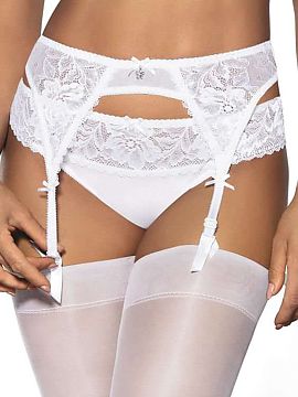 Pas Mat  Sexy podväzkový pás Hannah. Celý vyrobený z rozkošnej kvetinovej čipky, zdobený zozadu jemnými mašličkami pásikmi.