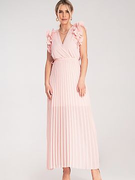 formálne šaty Figl  Maxi šaty s priehľadným dekoltom a dekoratívnymi, dvojitými volánmi na ramenách. V pase je vsunutá guma a látkový pás na zaväzov