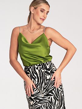 Top Figl  Saténový top s lesklými, krištáľovými ramienkami. Liaty výstrih typu voda.