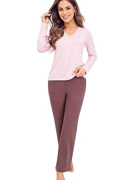 Pyžamo Donna  Dámska pyžama pozostávajúca z blúzky s dlhým rukávom a výstrihom do V, dokončeným jemnou čipkou. Vyrobená z mäkkej, hladkej a p