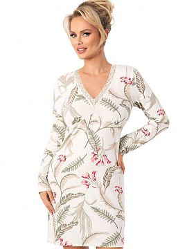 Nočná košeľa Donna  Elegantná nočná košeľa s dĺžkou po kolená, kombinujúca pohodlie s ženským šarmom. Vyhotovená z látky zdobenej jemným potlačo