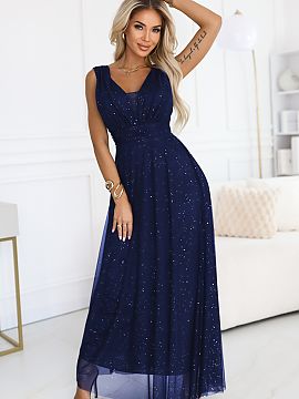 dlhé šaty Numoco  Elegantná tmavomodrá dlhá večerná šaty Numoco Basic očarujú klasickým strihom a jemným leskom. Mäkký, elastický materiál krás