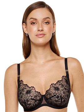 soft Gorteks  Podprsenka Noire s mäkkým košíkom ohúria originálnym kvetinovým vyšívaním so saténovým zafinovaním. Polopriesvitné košíčky 