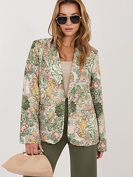 Sakko Italy Moda  Elegantný dámsky sakko štandardnej dĺžky, navrhnuté s ohľadom na štýl a pohodlie. Model vyniká efektným kvetinovým potlačou, kt