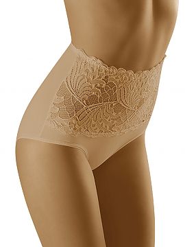 Bedrové nohavičky Wolbar  Nohavičky s vysokým pásom mierne tvarujú bruško. Vpredu zdobené čipkou, vzadu hladké. Funkčné a zároveň elegantné.
			
	