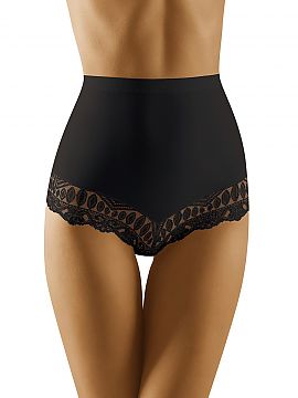 Bedrové nohavičky Wolbar  Nohavičky s vysokým vzrastom jemne tvarujú telo. Pozdĺž stehien a zadku sú zdobené pôvabnou čipkou. Jemne sploští žalúdok a zle