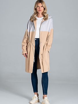 Kabát Figl  Dvojfarebný jesenný kabát typu parka, čiastočne zapínateľný na zips, s golierom, s dodatočnou šnúrkou v páse, rukávy nariasené