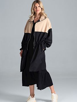 Kabát Figl  Dvojfarebný jesenný kabát typu parka, čiastočne zapínateľný na zips, s golierom, s dodatočnou šnúrkou v páse, rukávy nariasené