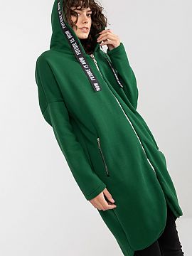 Mikina Relevance  Dámska mikina s predĺženým strihom, dlhými rukávmi a kapucňou. Mikina sa zapína na zips a na bokoch má vrecká na zips.