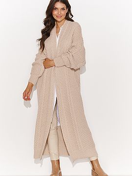 Kardigán Numinou  Tento dlhý dámsky svetrík je absolútnou nevyhnutnosťou na chladnejšie dni. Jeho otvorený strih a široké rukávy zakončené rebrova