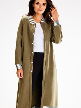 Mikina awama  Dlhá rovná mikina s ozdobnými rebrovanými pruhmi, zapínaná na biele patentky. Vrecká na bokoch.